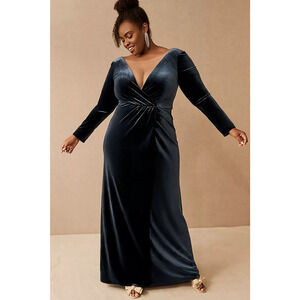 BHLDN Jenny Yoo French Blue Ryland Velvet V-Neck V-Back Gown 22 NEW